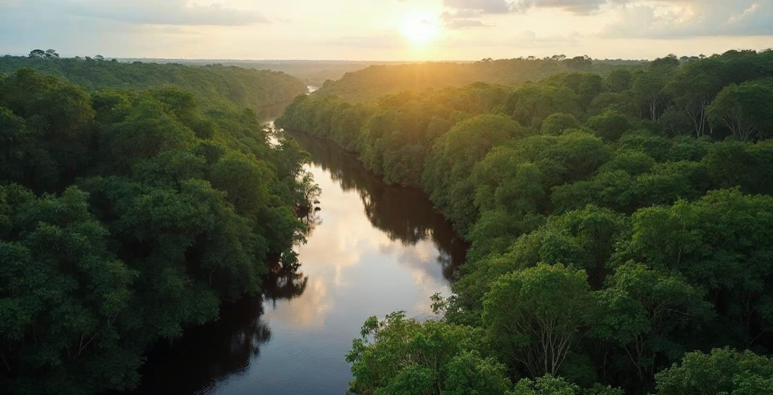 Aerial view of rainforest and river in Central Suriname Nature Reserve.