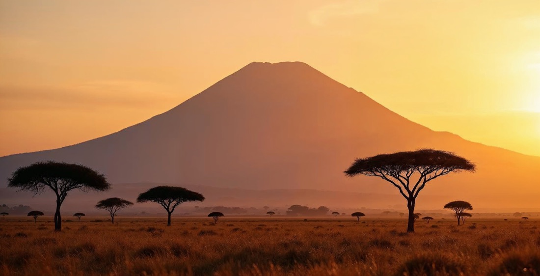 Kilimanjaro at sunrise over Tanzanian savanna.
