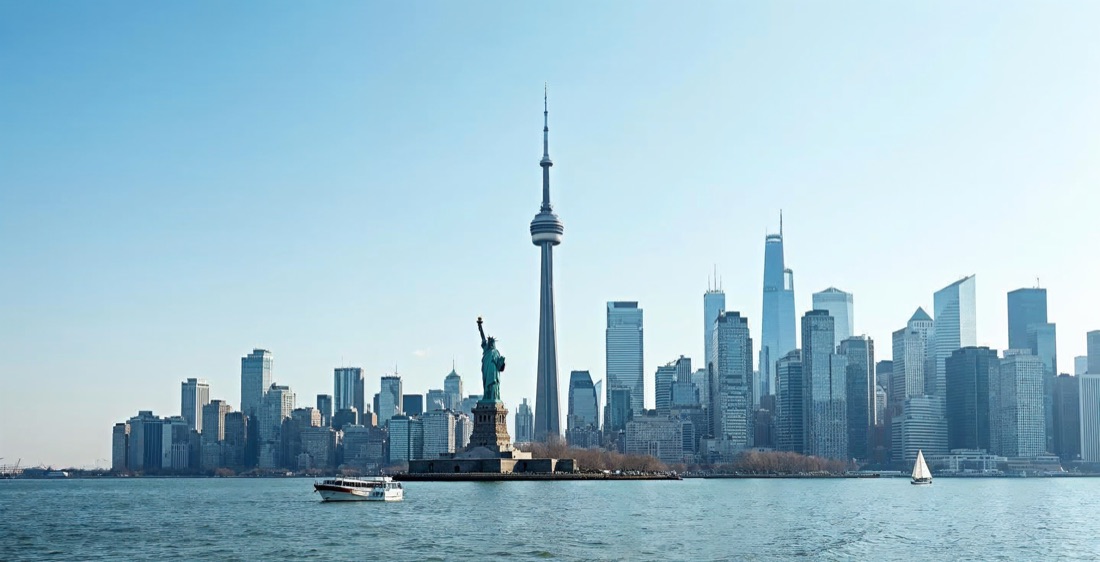 North America: Manhattan skyline with Statue of Liberty and Toronto's CN Tower