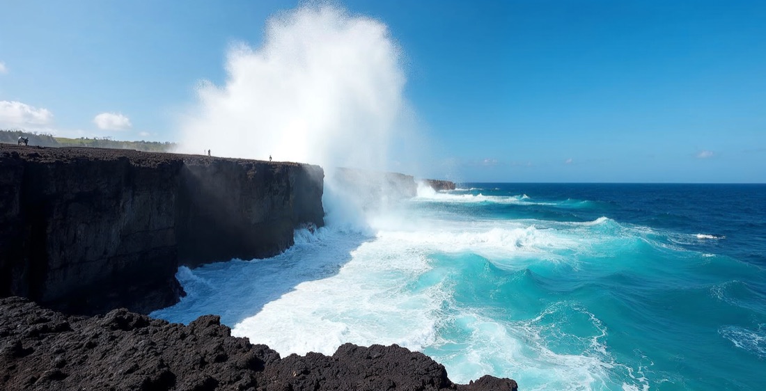 Alofaaga Blowholes spouting water on coast of Samoa, blue sky.