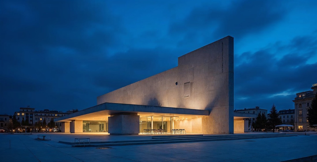Pristina's Newborn Monument and National Library at dusk in Kosovo